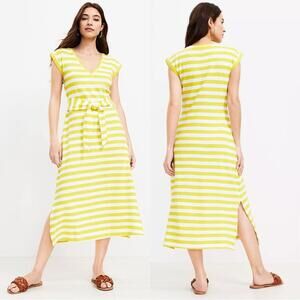 Loft Striped Tie‎ Waist V-Neck Midi Dress Yellow and White Striped Size: Medium